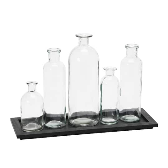 Black Wood Tray with Glass Bottle Vases Set